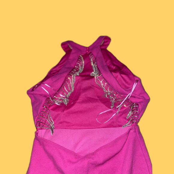 NWT Sincerely Jules Size S Hot Pink Halter Mini Dress Rhinestone Fringe Back - Picture 2 of 5